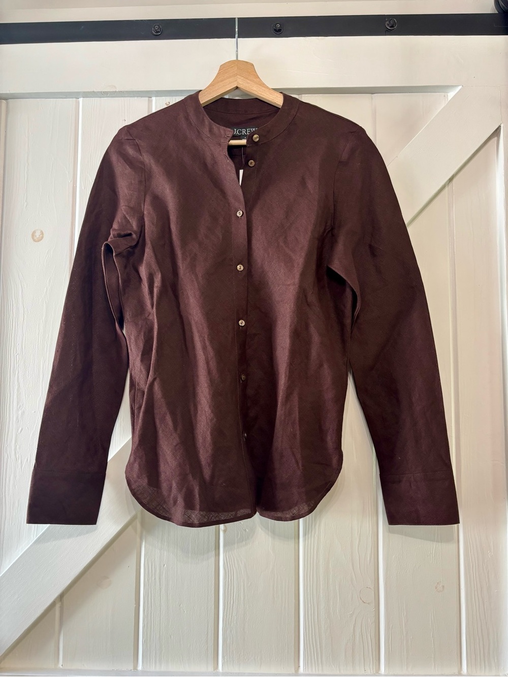 J. Crew Bias Cut Linen Shirt Smoked Walnut Brown Band collar Minimalist 6 - Picture 2 of 8